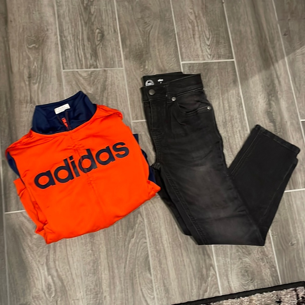 Adidas orange sweatshirt zip up and black jeans size 7